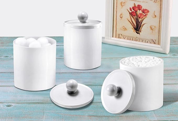 SheeChung 6 Pack Qtip Dispenser Apothecary Jars Bathroom with Labels - Qtip Holder Storage Canister Clear Plastic Acrylic Jar for Cotton Ball/Swab/Rounds,Floss Picks, Hair Clips (White)