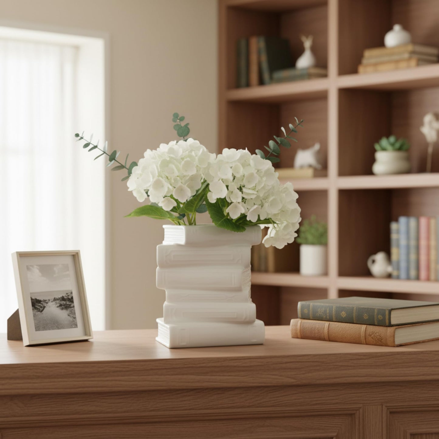 Solsew Ceramic Book Shaped Vase for Flowers 7" x 5.9" x 4.1" Small Ceramic Book-Shaped Vase Cute Bookshelf Decor Flowerpot for Book Lovers Gift Home Office Bookshelf Dining Table Decor(White)