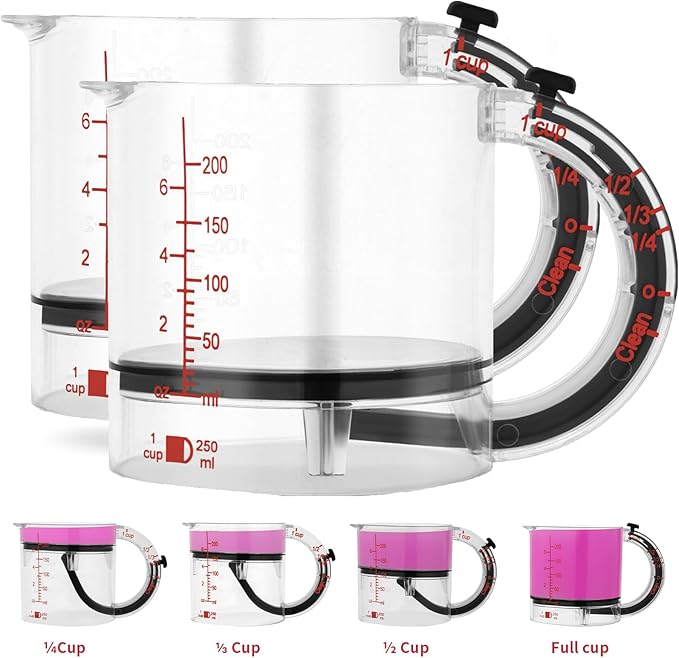 4-in-1 Adjustable Measuring Cup, Adjustable Base Kitchen Measuring Cup, Push-In Measurings Cups with Oz/Ml Dual Markings, Multi Measurings Cube Cups for Cooking and Baking (2PCS)