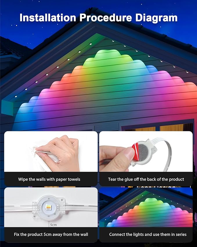 50FT Permanent Outdoor RGB Lights,IP67 Waterproof Smart LED Eaves Lights with App/Remote Control,for Christmas and All Holiday Decor,Daily and Accent Lighting,House Roof and Garden Lighting