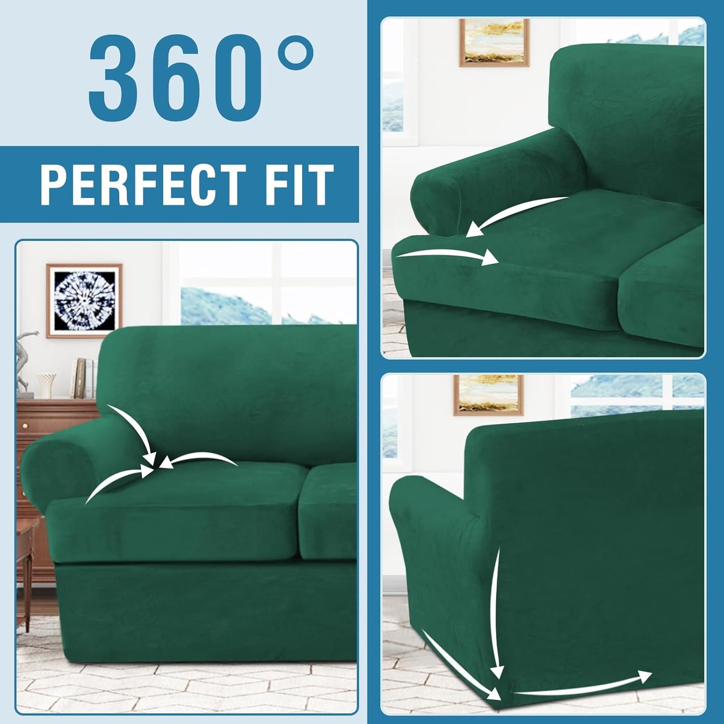 H.VERSAILTEX Sofa Cover 3 Piece T Cushion Loveseat Slipcovers Thick Velvet Couch Cover Stretch T Cushion Sofa Covers for 2 Cushion Couch with 2 Individual T Cushion Covers, Vintage Green