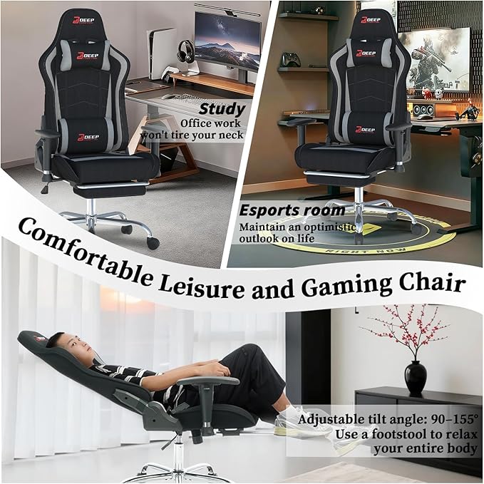 Fabric Gaming Chair, Skin-Friendly and Breathable, Manufactured by A Reputable Manufacturer, Safe and Stable, Specially Designed for Gaming.with Footrest Mg(1005-Gray)