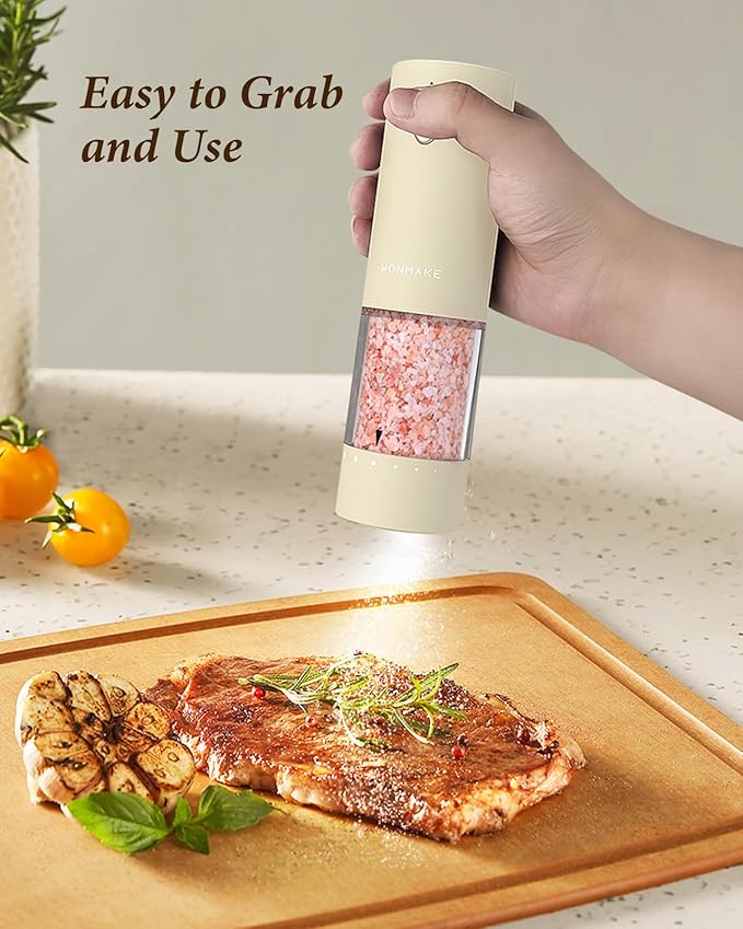 Electric Salt and Pepper Grinder Set - Automatic Refillable Salt and Pepper Grinders with Charging Base & LED Light, 6-Level Adjustable Coarseness with External Dial, Ideal Kitchen Gadget,Beige