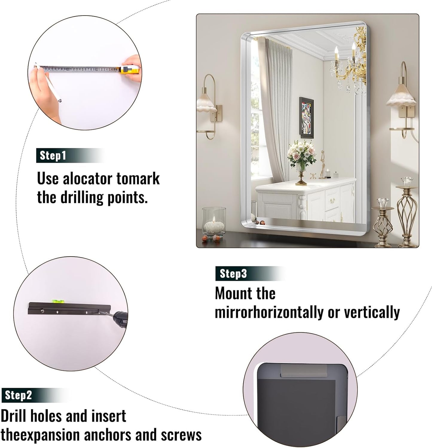 Silver Bathroom Mirror for Wall, 30x22 Inch Rectangular Aluminum Alloy Framed Mirror, Modern Wall Mounted Vanity Mirror for Bathroom, Vertical or Horizontal