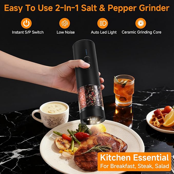 Electric Salt and Pepper Grinder Set Shakers 2 IN 1-Rechargeable Automatic Pepper Mill,with LED Lighting,Adjustable Grinder,Large Capacity-Ideal for Kitchen,BBQ,Ideal Kitchen Gifts (Black)