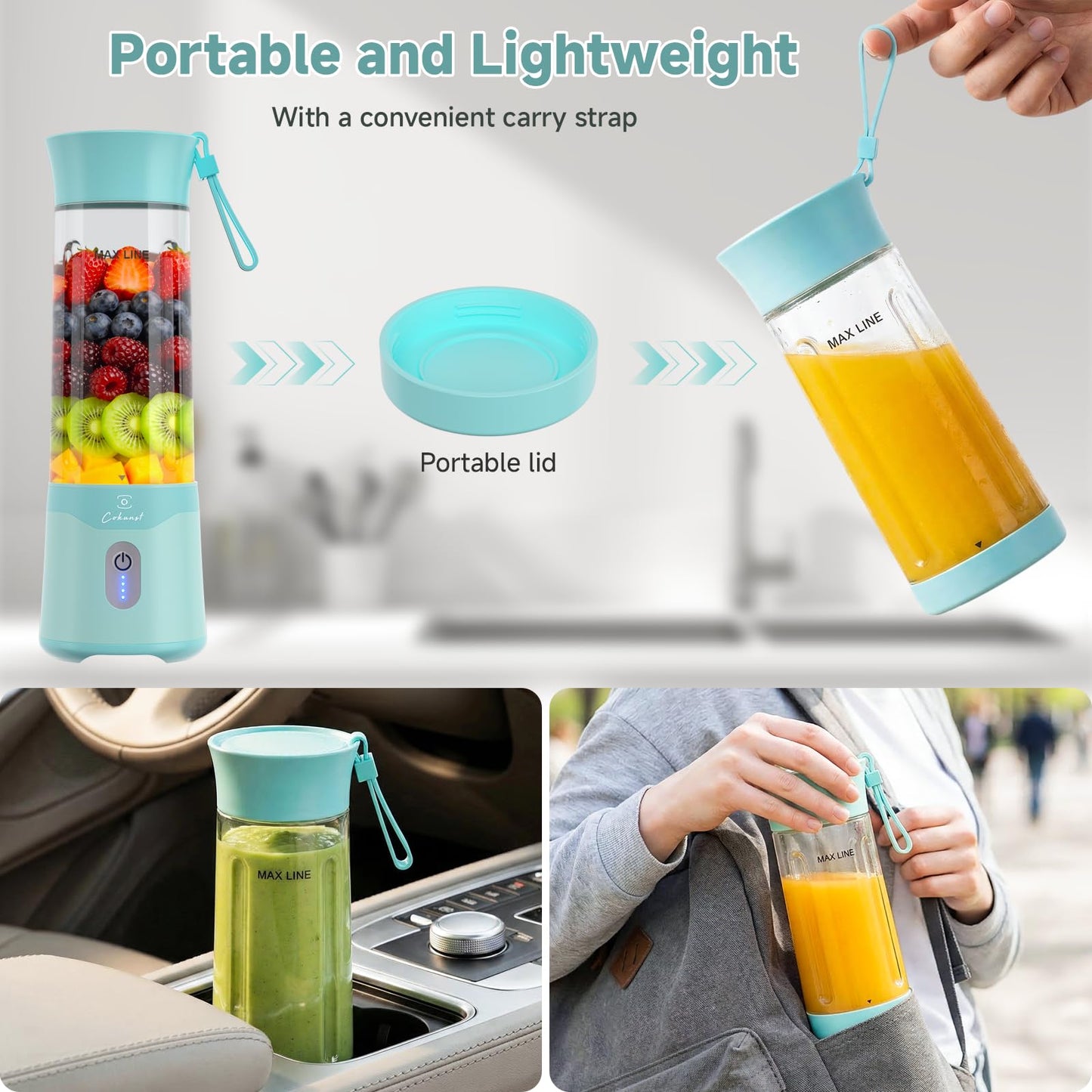 COKUNST Portable Blender, USB C Rechargeable Personal Blender, Small Smoothie & Shake Maker with 6 Blades, Compact Travel Mini Juicer Cup with Extra Lid for Home, Gym, Office, 18oz, Green
