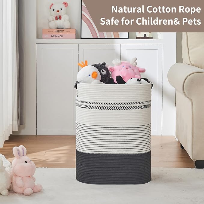 DOFASAYI Laundry Hamper - 85L Large Laundry Basket with Leather Handles, Decorative Storage Basket for Blankets - Clothes Hamper for Living Room, Bedroom, Black & White