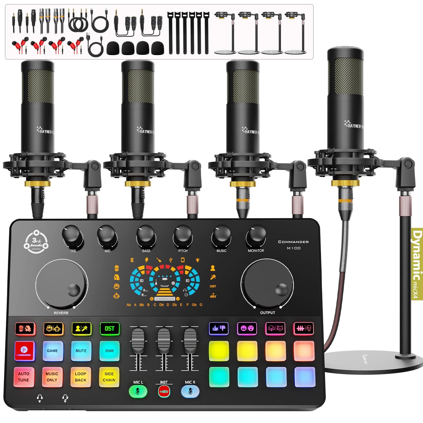 Podcast Equipment Bundle for 4, Audio Interface with 4 Dynamic Microphone, 4 Desktop Mic Stands, Voice Change, DJ Mixer for Voca