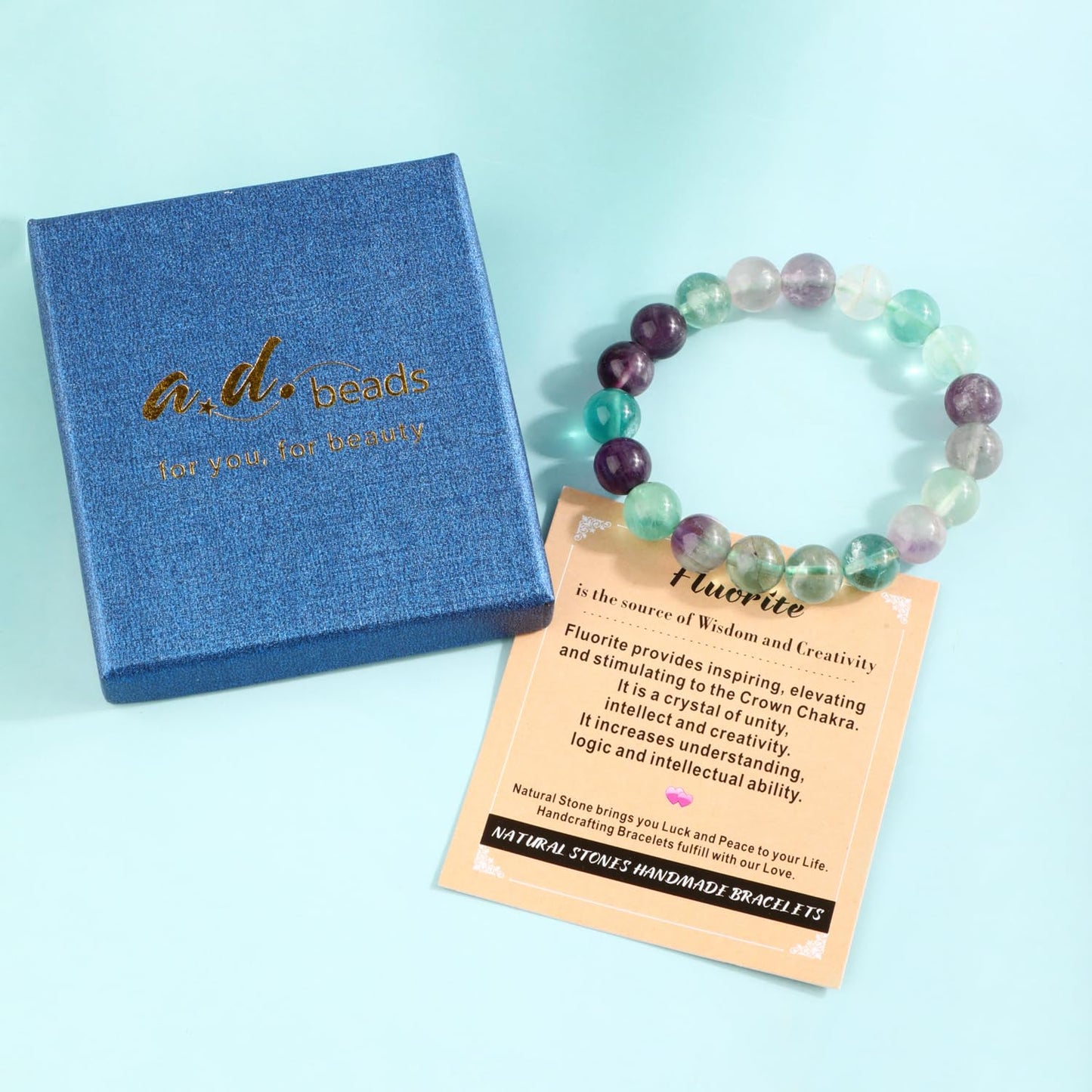 AD Beads 6mm Handmade Fluorite Elastic Bracelet โ Natural Gemstone for Is the source of Wisdom and Creativity โ Meditation, Yoga, Healing and Energy Gift for Men Women