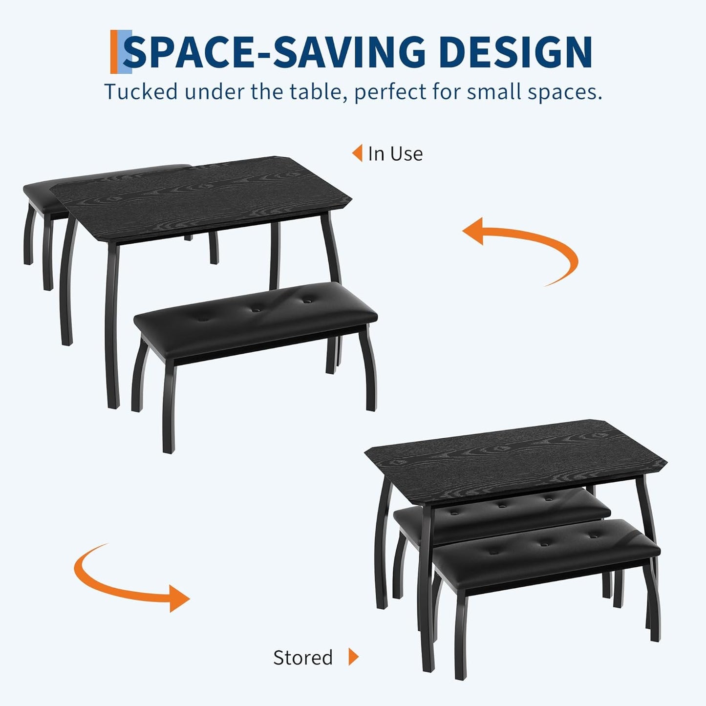 3 Piece Farmhouse Dining Table Set for 4, Compact Rustic Kitchen Table with 2 Padded Benches, Space Saving Breakfast Nook Furniture Set for Small Spaces, Apartments, Black