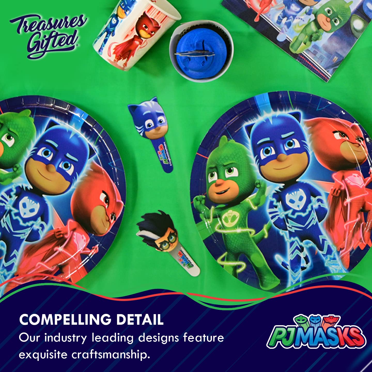 Treasures Gifted Officially Licensed PJ Masks Party Decorations - Cake Topper Set - PJ Masks Birthday Party Supplies - (1) Cake Topper & (24) Cupcake Toppers & Wrappers