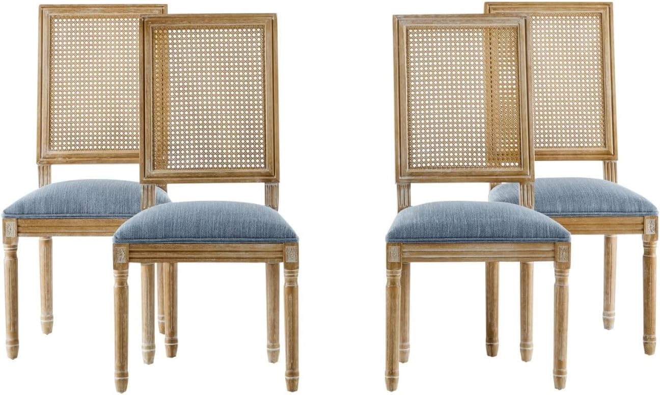 Merax Upholstered Solid Wood Dining Chairs Set of 4, French Country Style Accent Side Seating Furniture for Kitchen, Living Room, Wicker Back, Slate Blue