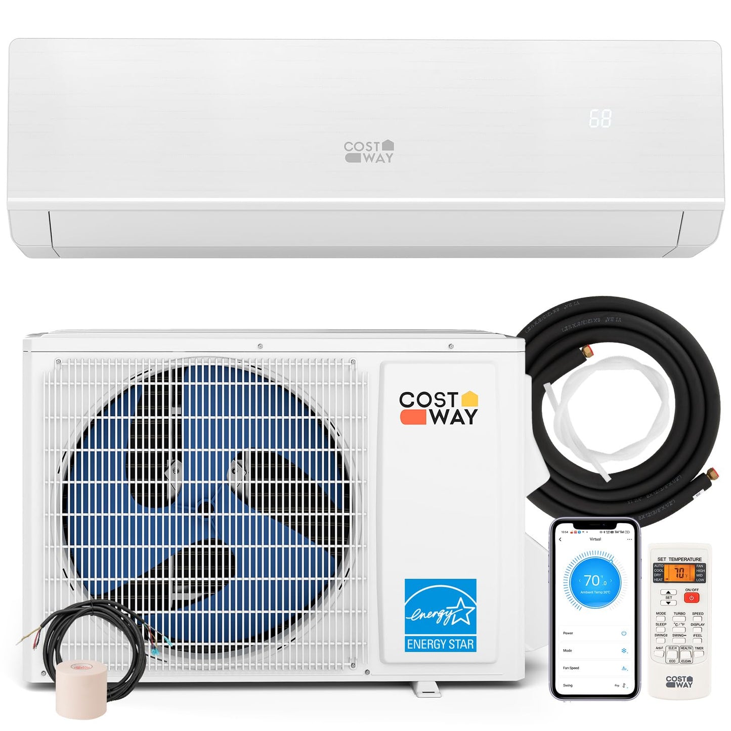 COSTWAY 24000 BTU Mini Split Air Conditioner & Heater, WiFi Enabled 25 SEER2 208-230V Ductless Inverter AC Unit w/2 Ton Heat Pum