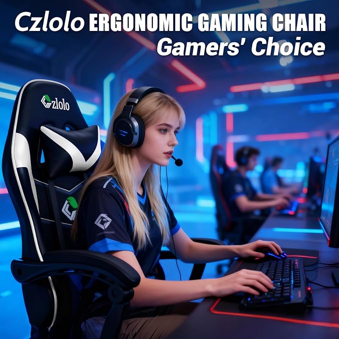 Gaming Chair with Footrest Racing Style Lumbar Support Massager Video Game Chair with Metal Legs, High Back Reclining Gamer Chair with Headrest, 360° Swivel Office Computer Desk Chair (White)