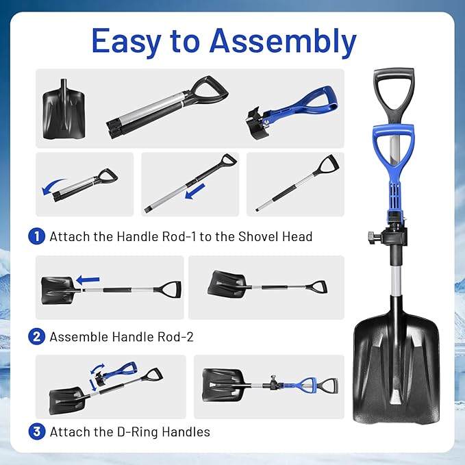 Foldable Snow Shovel,Ergonomic Snow Shovel with Dual D-Handle, No Tools Quick Assembly,Lightweight Shovel for Car Emergency, Garden, Car Garage, Home Sidewalk and Camping,40"