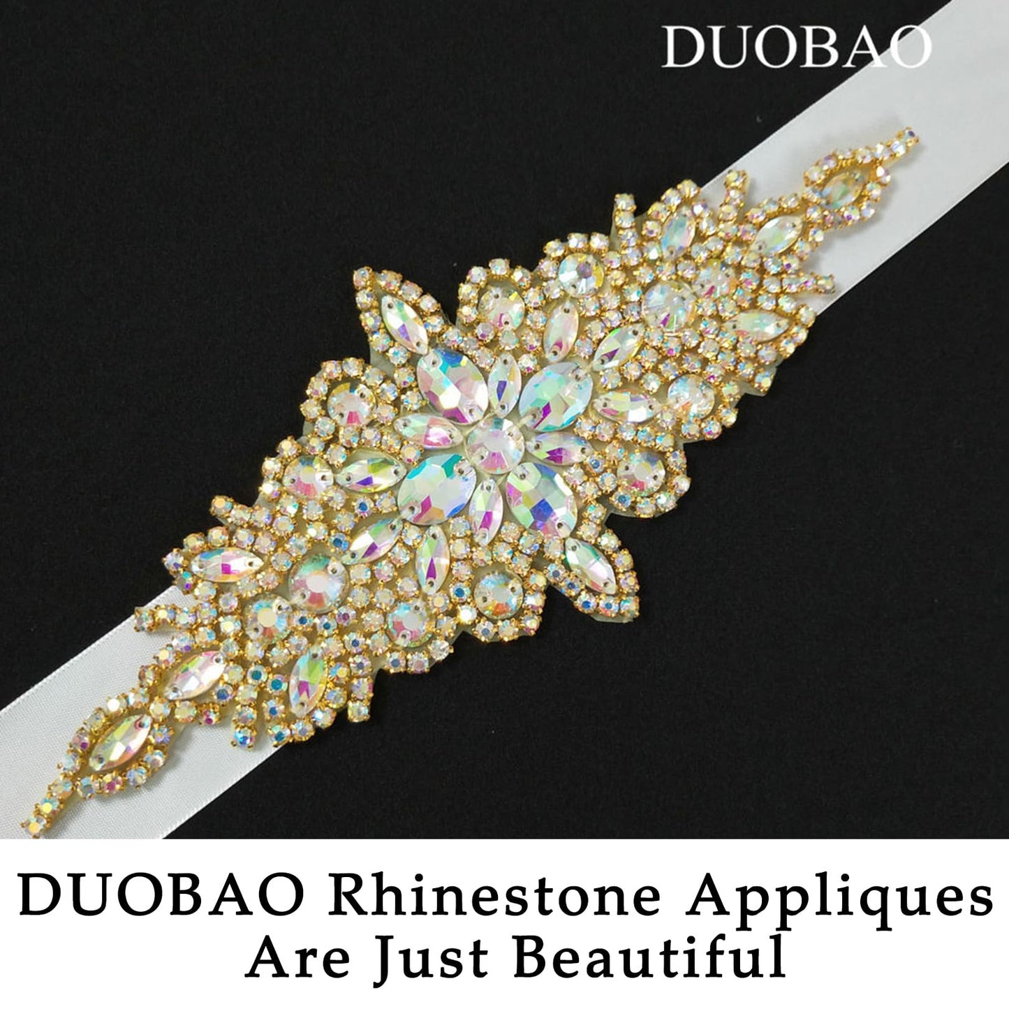 DUOBAO 2PCS Rhinestone Pearl Bead Iridescent Gold Applique Belt Bridal Accessories Crystal Trim Rhinestones Beaded Appliques Wedding Dress Sash Belts Headband DIY