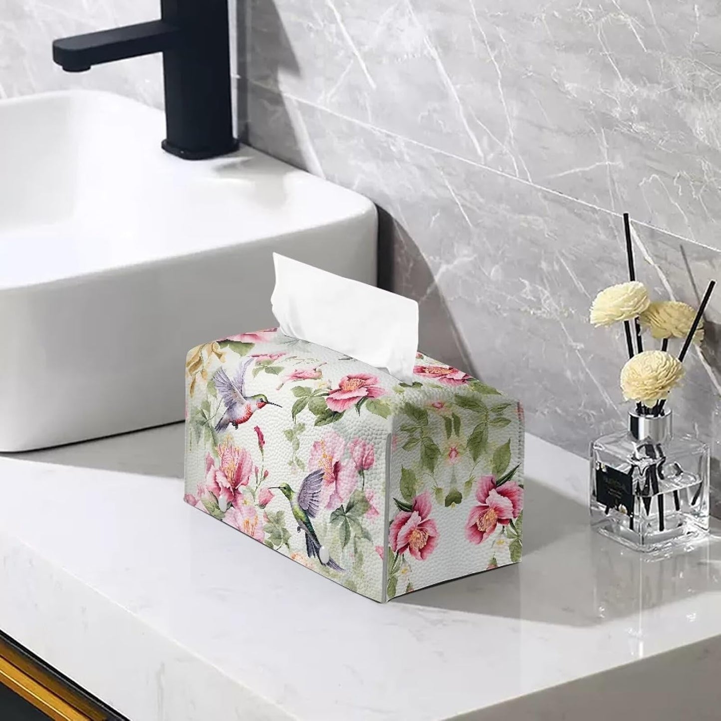 Leather Tissue Box Cover Floral Hummingbird PU Leather Tissue Cover Decorative Organizer Portable for Travel Tissue Box with Bottom Belt for Tabletop,Countertop,Night Stands