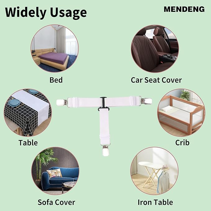 MENDENG Bed Sheet Straps Queen Fitted Sheet Straps Sheet Holders for Corners King Size Mattress Straps Suspenders Gripper White 4P