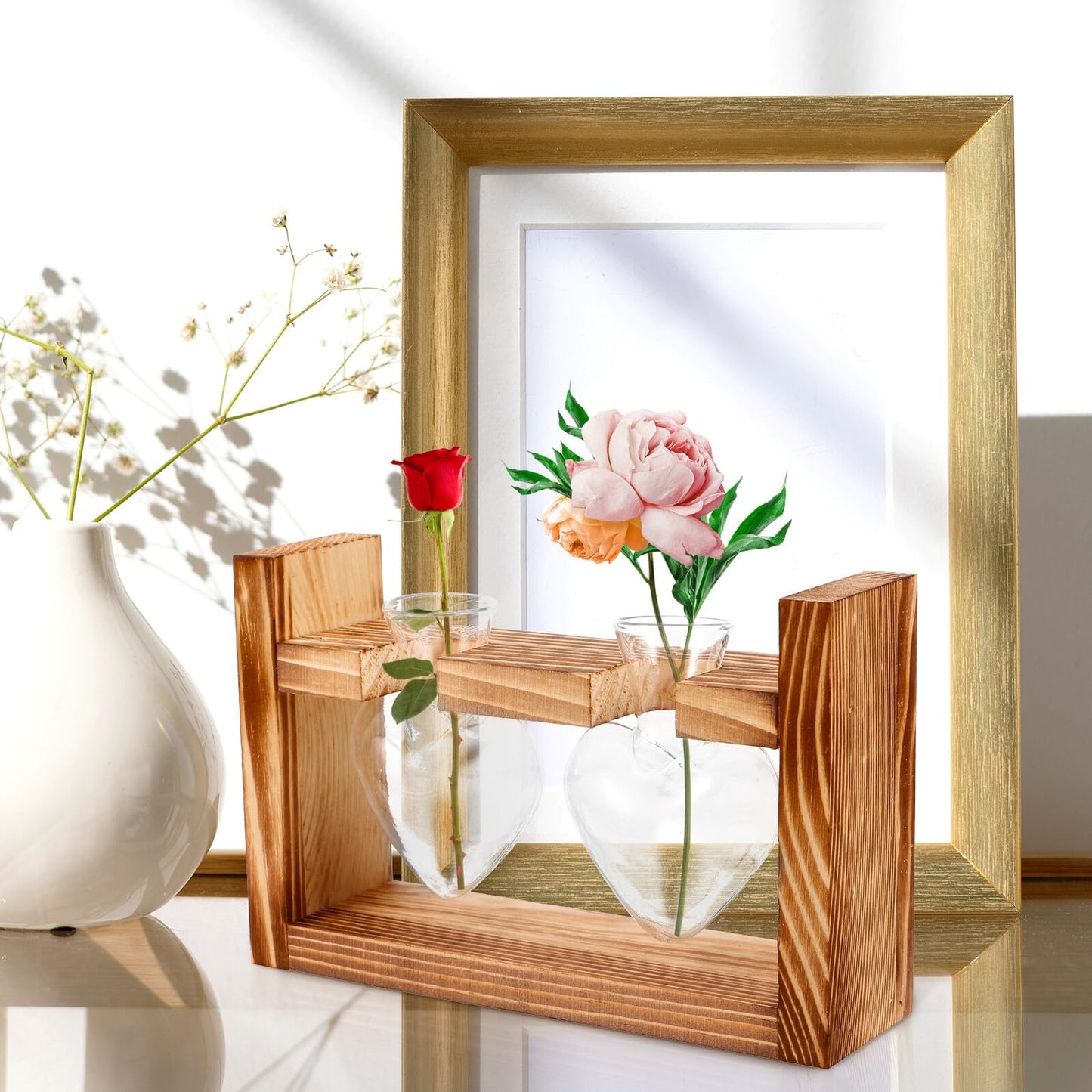 Mobestech Glass Vase with Wooden Stand Heart-Shaped Hydroponic Terrarium for Indoor Plants Desktop Plant Decor Home Vase Set with 2 Glass Containers