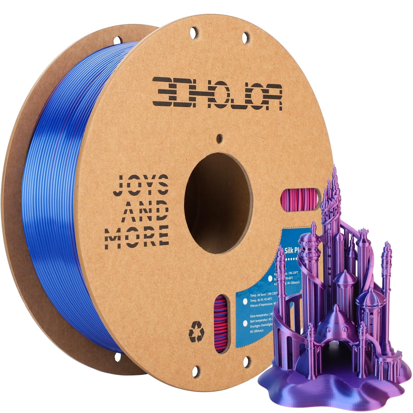 3DHoJor Silk PLA Filament 1.75mm Blue Purple Red Triple Color PLA 3D Printer Filament 3 in 1 Coextrusion 1KG Spool(2.2lbs) 3D Pr