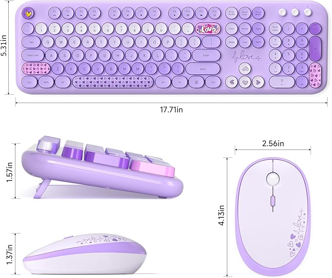 Wireless Keyboard and Mouse Combo, Full Size Retro Keyboard with Number Pad and 2 in 1 USB Connected Mouse for Windows 7/8/10, Laptop, Desktop, PC, Computer (Purple Colorful)