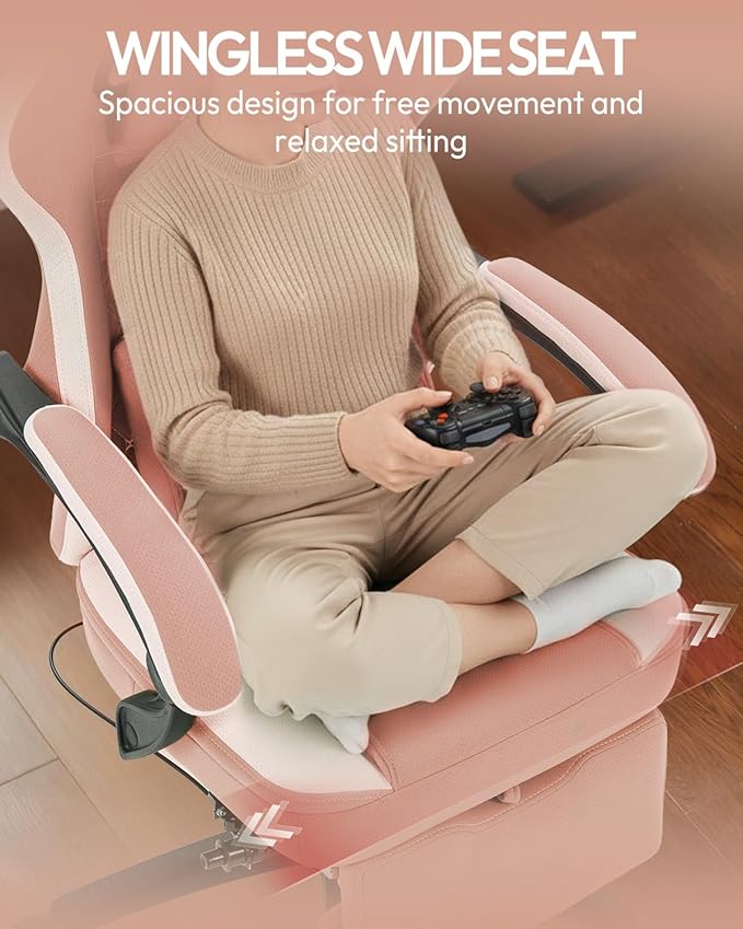 Dowinx Gaming Chair with Footrest, Breathable Fabric Gamer Chair with Gel Pad and Storage Bag, Ergonomic Office Chair with Lumbar Support for Home Task, Pink