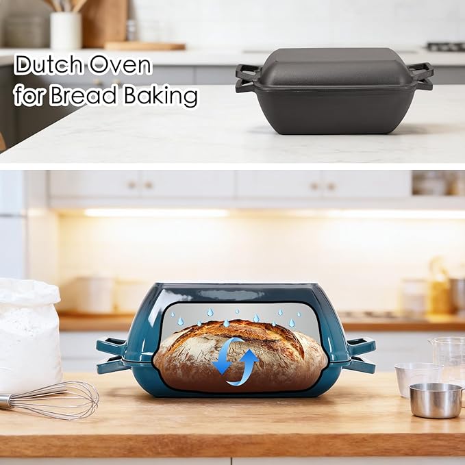 Cast Iron Dutch Oven for Bread Baking 12x8 Inch Enameled Bread Oven with Lid 6QT Cast Iron Bread Dutch Oven for Sourdough,Green