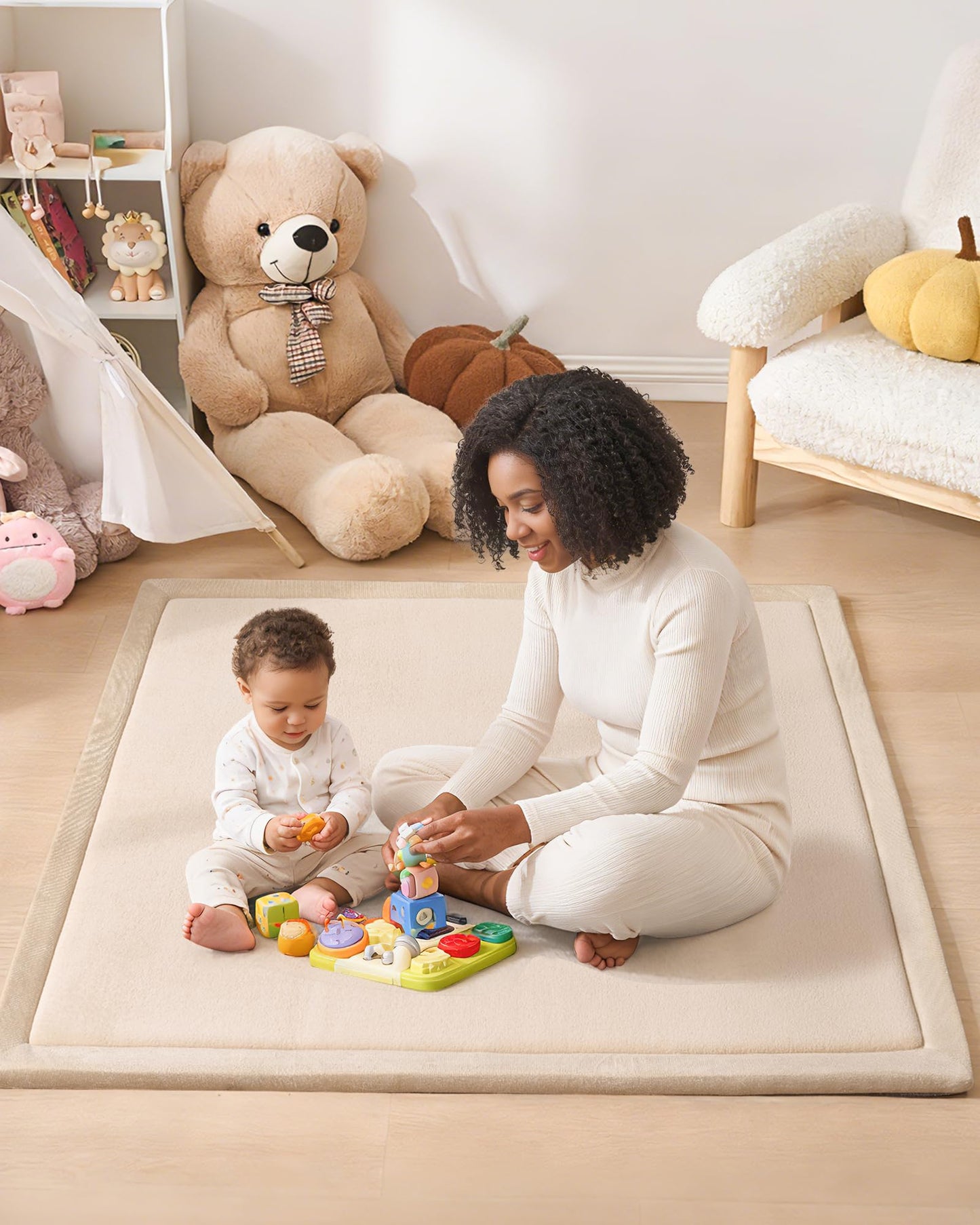 Ingdgnoso Baby Play Mat for Floor, 1.2" Thick Memory Foam 50"×50" Playpen Mat for Kids, Infants, Toddlers - Soft, Durable Baby Crawling Mat for Tummy Time, Sitting with Non-Slip Bottom (Beige)
