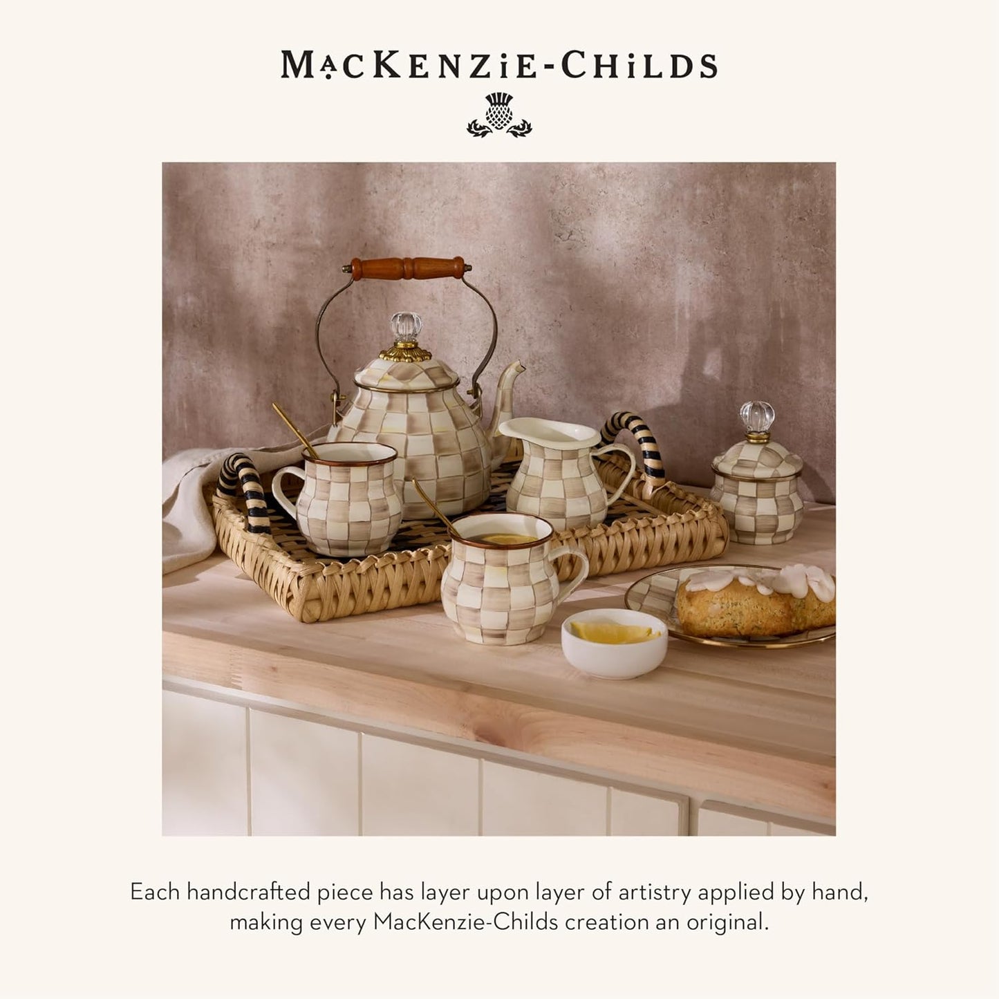 MACKENZIE-CHILDS Enamel Serving Bowl, Enamel Serveware Bowl, 12 Inches, Brown-and-White Mocha Check