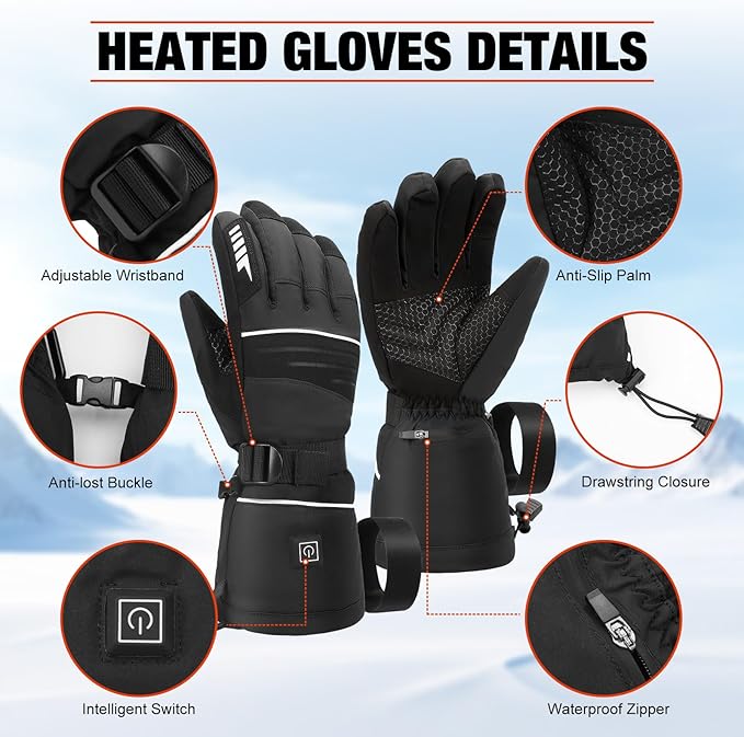 Heated Gloves for Men Women 7.4V 3200mAh Rechargeable Waterproof Electric Heated Gloves for Skiing Snowboarding Camping Hiking