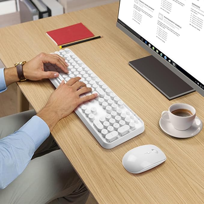 FOPETT Wireless Keyboard and Mouse Combo - 2.4G Full-Sized White Keyboard with Round Keycaps 104 Keys Typewriter Keyboard for Laptop/Windows/PC - White