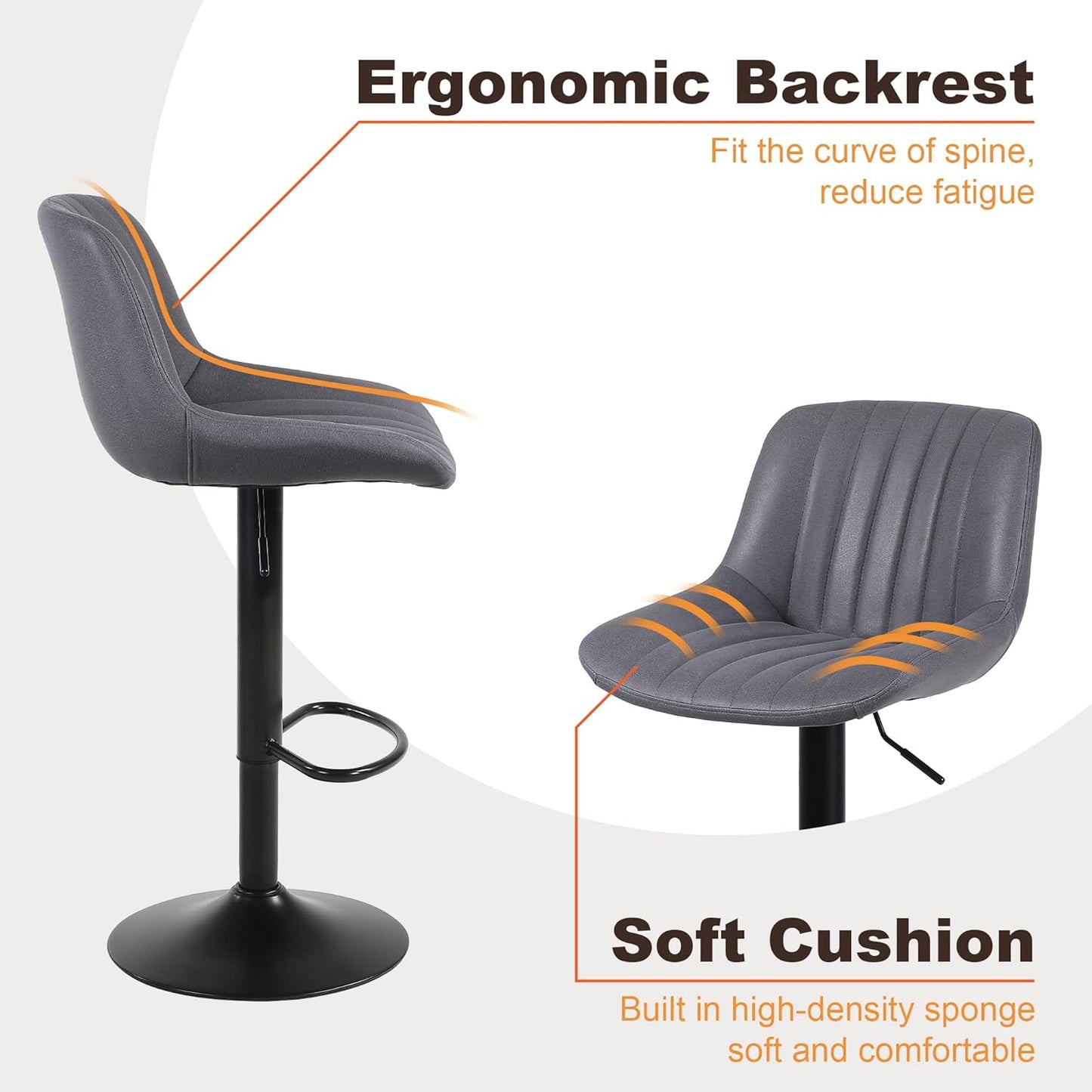 Bar Stools Set of 1, Swivel Counter Height Barstools with Back, Adjustable PU Leather Bar Chairs, Modern Armless Kitchen Island Stool, Dark Grey
