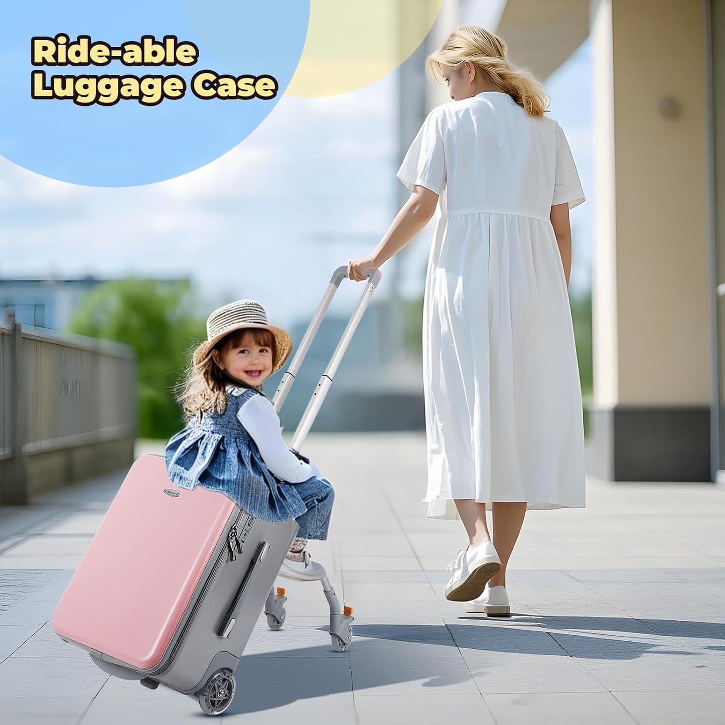 FAHKNS Children's Ride-On Suitcase,Kids Carry on Luggage with Wheels,Rolling Travel Luggage With Kids Seat for Airplane,2-in-1 Case & Baby Stroller,Pink