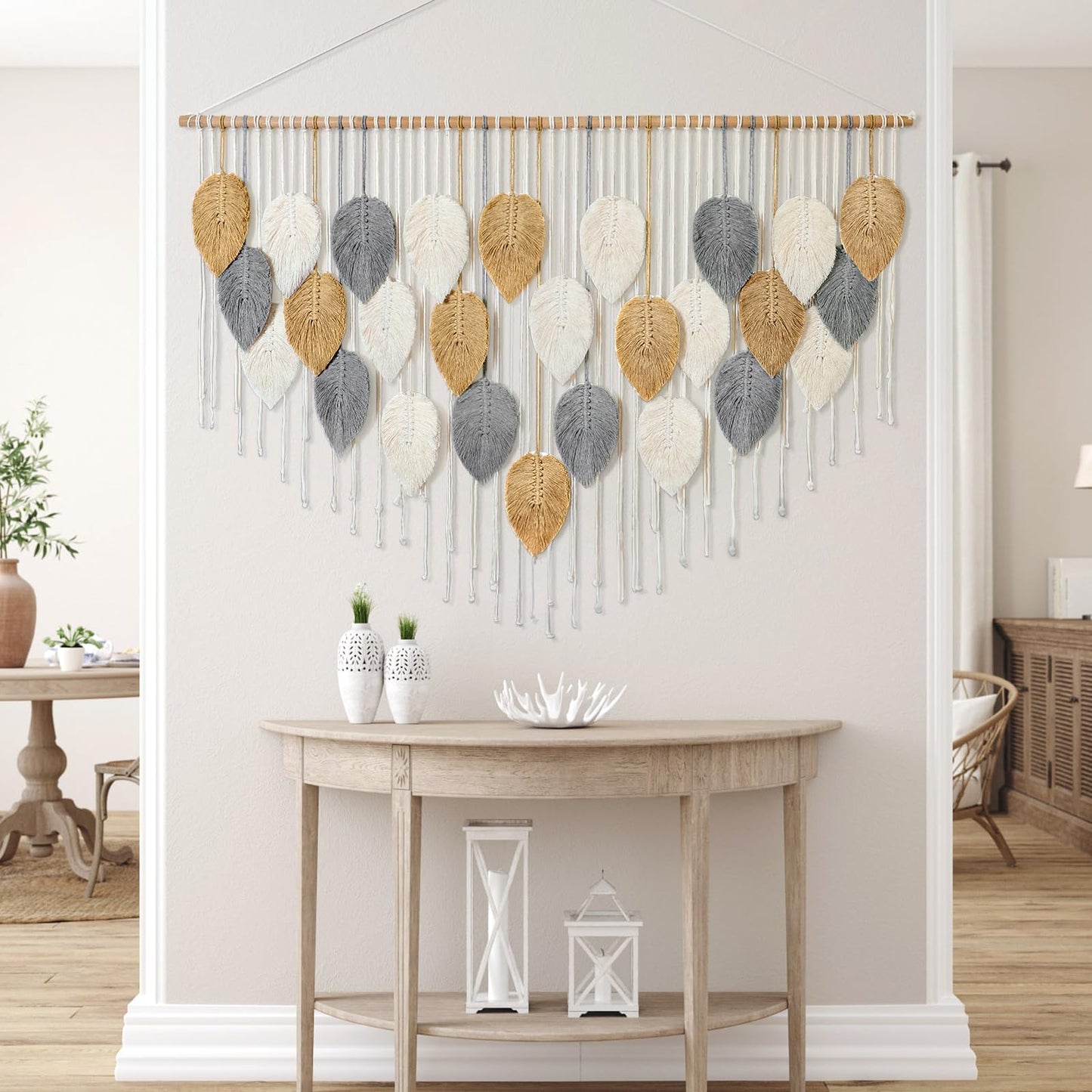 KHOYIME Large Macrame Wall Hanging Boho Woven Tapestry, Chic Modern Home Decor Bohemian Farmhouse Handmade Leaf Feather Wall Art Decorations for Living Room Bedroom Nursery Dorm Backdrop 51.5"W X 33.5"L