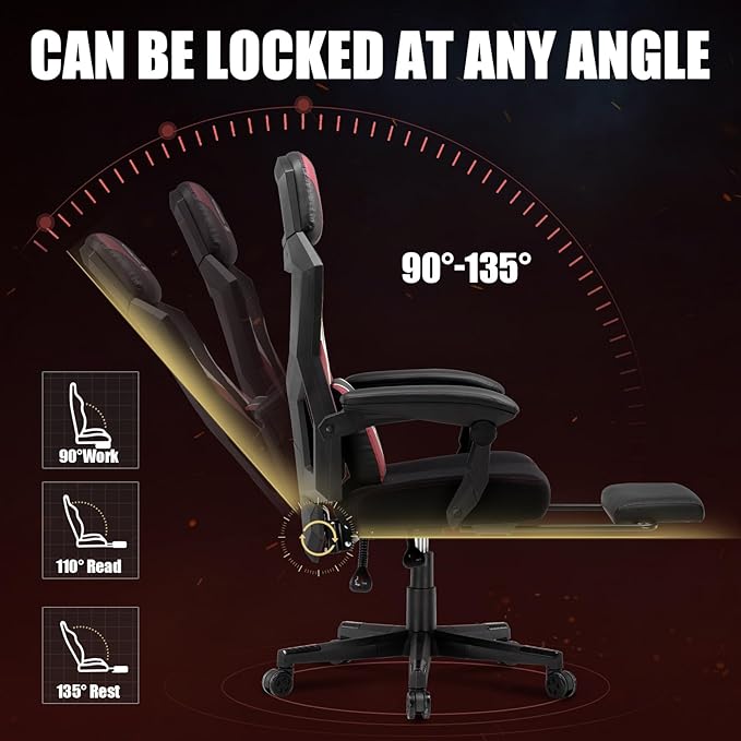 GTPLAYER Gaming Chair, Mesh Office Chairs with Footrest for Adults, Big and Tall Gamer Ergonomic Computer Chair with Height Adjustable (Red)