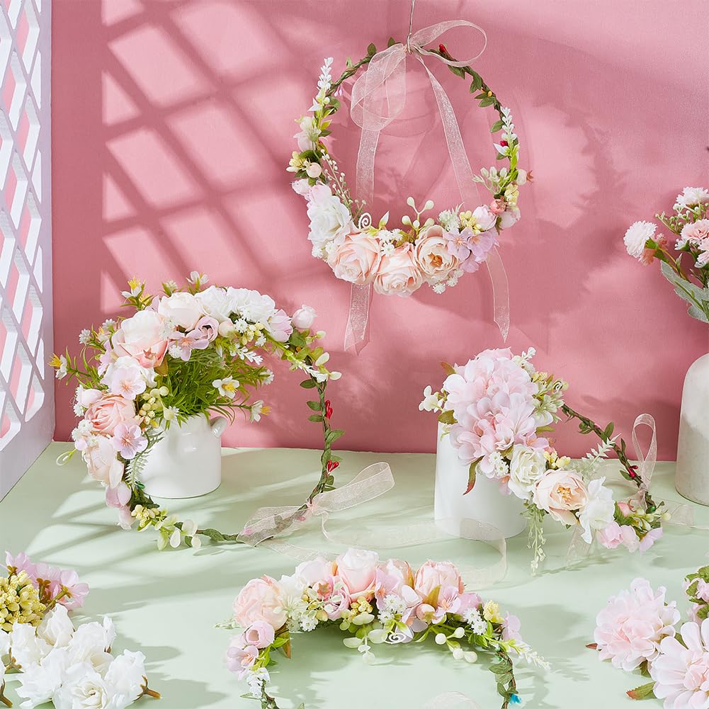 ACRNIGHEET 4 Sets DIY Flower Crown Kit, White and Pink Floral Crown Craft Kit, Make Your Own Flower Crown Headband Handmade, Floral Bridal Headpiece Hair Accessories for Wedding Birthday Party Prop