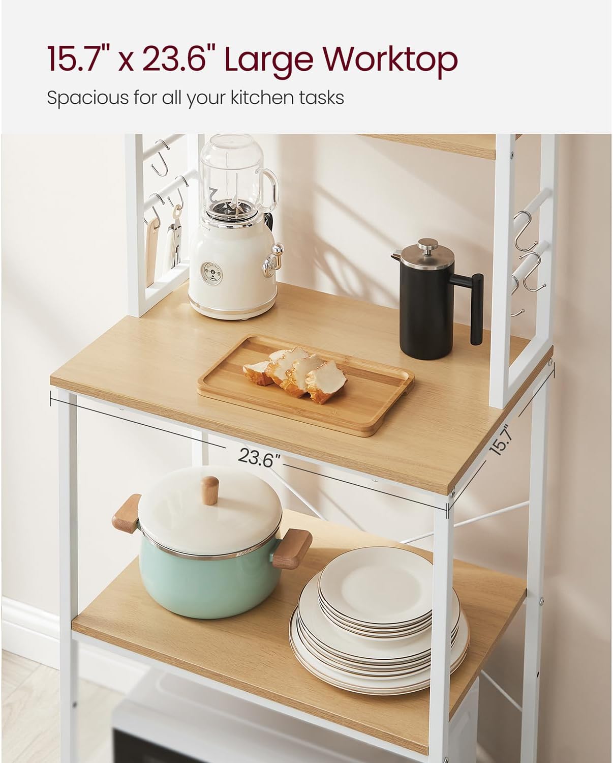 VASAGLE Coffee Bar, Baker’s Rack for Kitchen with Storage, 6-Tier Kitchen Shelves with 6 Hooks, Microwave Stand, Industrial, 15.7 x 23.6 x 65.7 Inches, Oak Color and White UKKS024W09