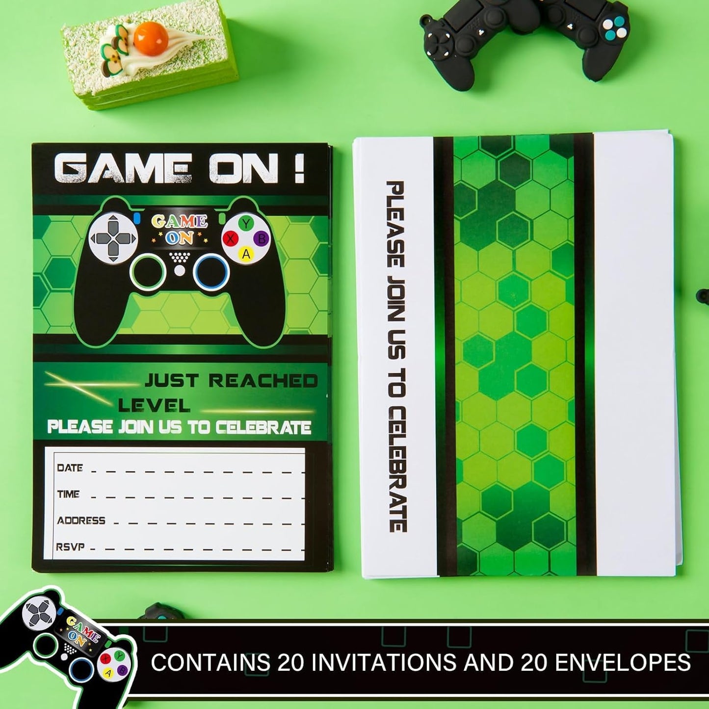 WERNNSAI 20 Set Video Game Birthday Party Invitation with Envelopes-Green Game Party Invites for Boys Gaming Theme Party Supplies Double-Sided Printed Invitation Cards for Baby Shower Celebration