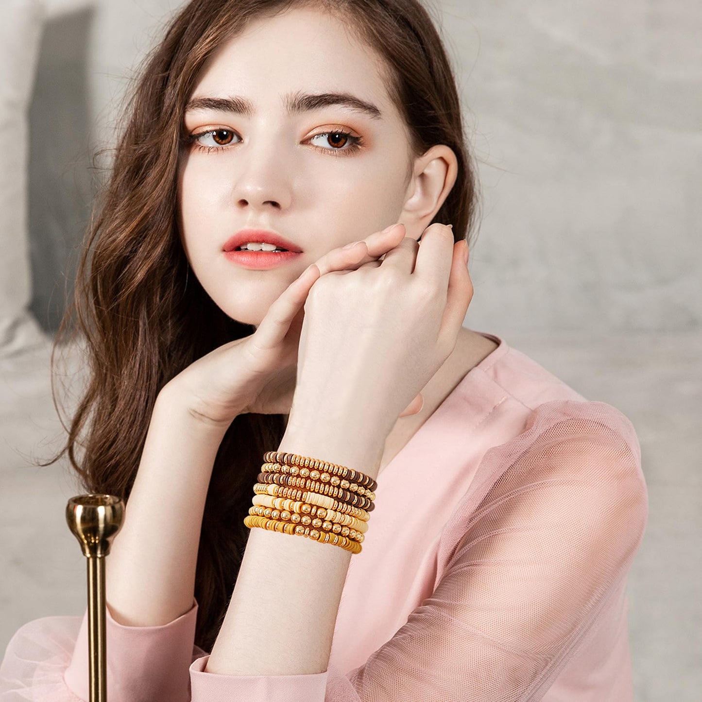 GOOJIDS Surfer Heishi Clay Bead Bracelets for Women Bohemian Stackable Gold Plated Beaded Stretch Bracelets Elastic Layering Friendship Bracelets Set Boho Jewelry