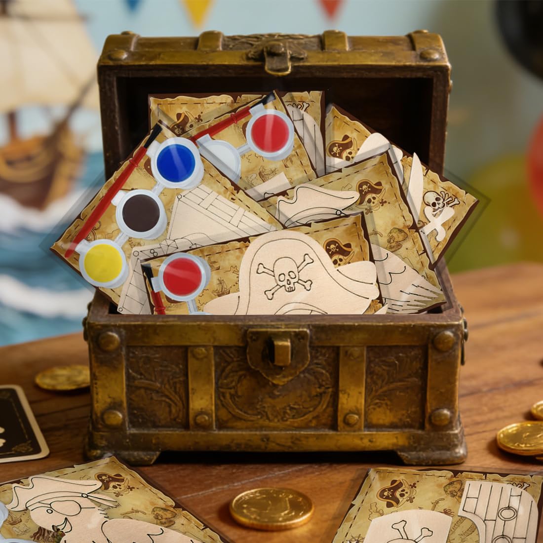 Jekocet ㅤ Pirate Party Favors 24 Pack Pirate Wooden Painting Craft Kits with Cards for Pirate Themed Party Decorations