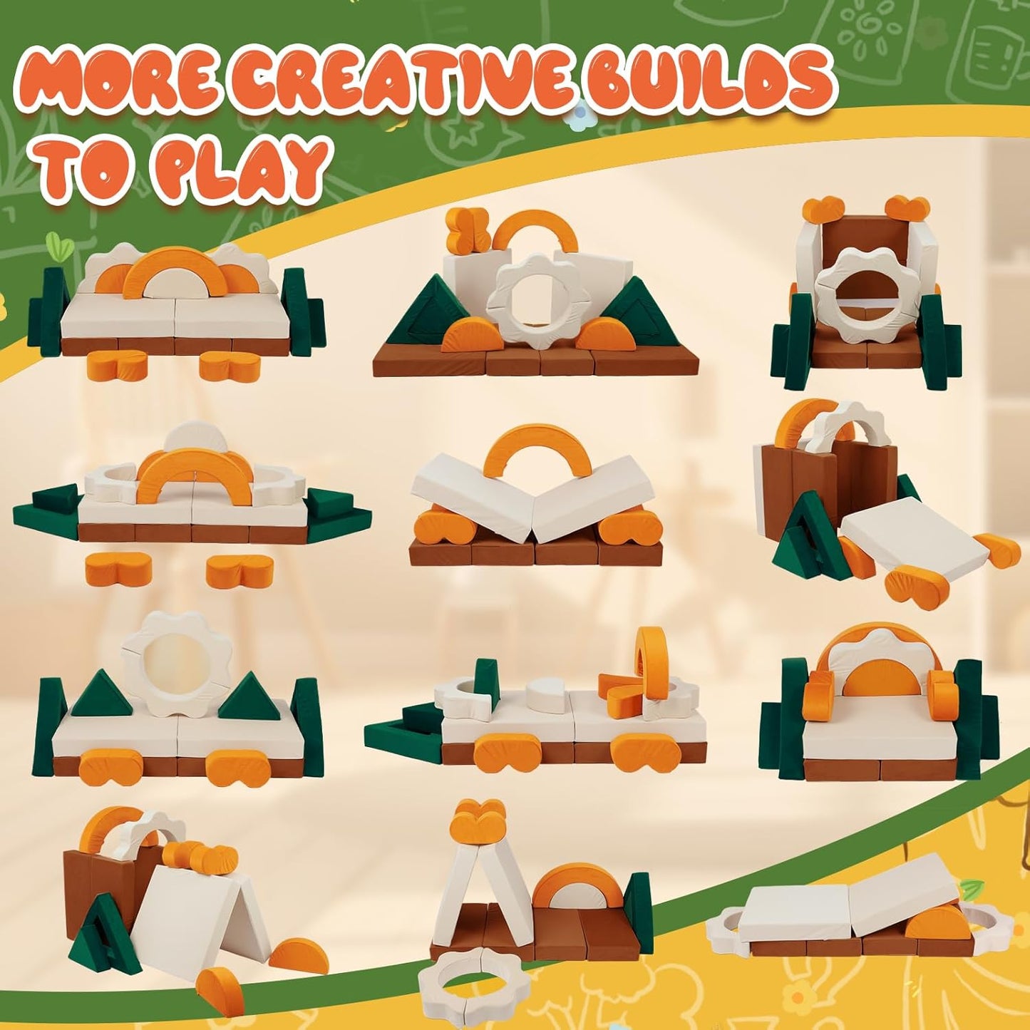 18PCS Modular Kids Play Couch - Junlge Theme Toddler Couch Building Fort, Convertible Sofa Multifunctional Kids Sofa, Toddler Baby Playroom/Bedroom Furniture for Playing, Sleeping