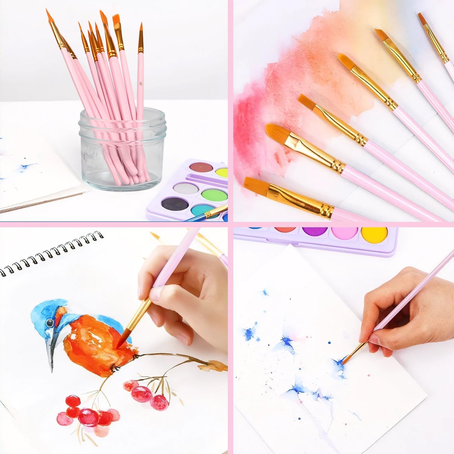 AROIC Acrylic Paint Brushes, 6 Packs/60 pcs Nylon Hair Paint Brush Set for All Purpose Oil Watercolor Painting Artist Professional Kits (Pink)