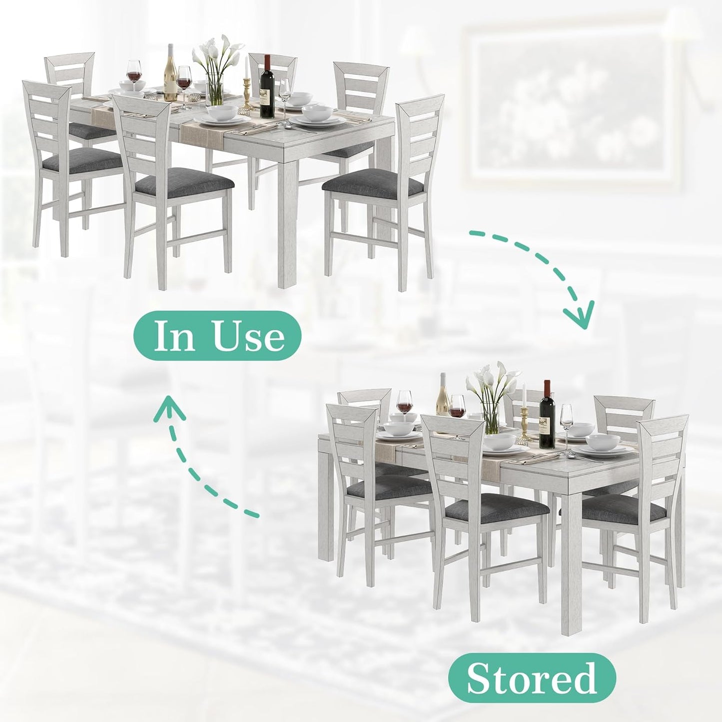 6-Piece Solid Wood Dining Table Set for 6, Modern Breakfast Dinette Extendable Kitchen Table with Chairs for Dining Room, Kitchen, Grey