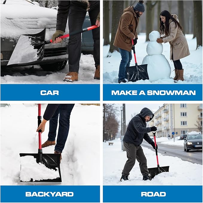 PLEXON Plastic Snow Shovel for Driveway Car Deck, Lightweight Heavy Duty Folding Collapsible Snow Pusher for Snow Removal, Home Garage, 47" Ergonomic Foldable, D-Grip Handle
