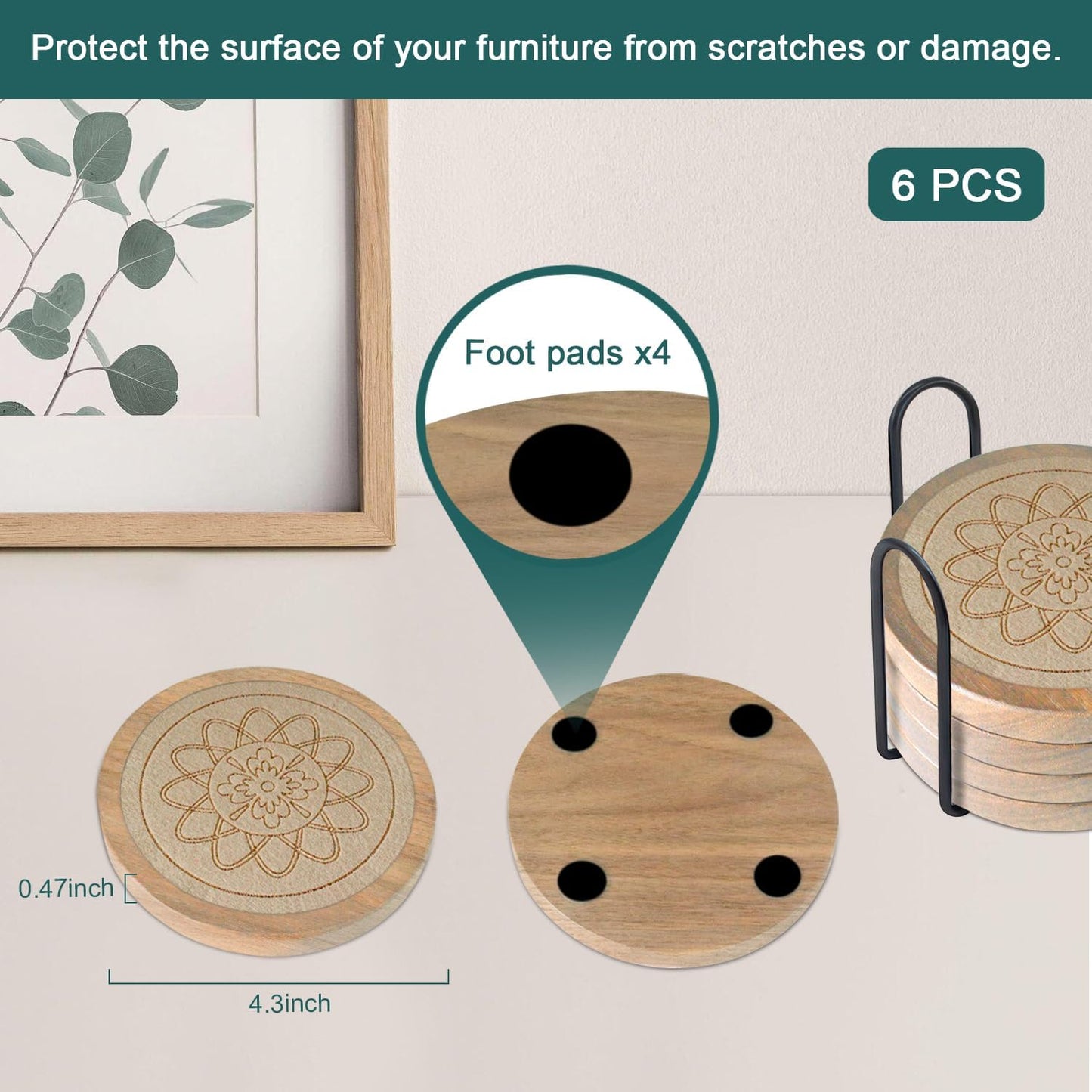 Wood Coasters for Drinks Housewarming Gifts for Home Decoration Absorbent Coasters with Holder for Coffee Tabletop Protection 4.3 Inch Beige