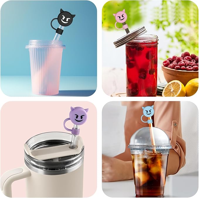 Halloween Silicone Straw Covers Cap for Stanley Cup, Cute Straw Topper for Stanley 30&40 Oz Tumbler, Reusable Dust-Proof Drinking Straw Cover, Set of 4(Demon)
