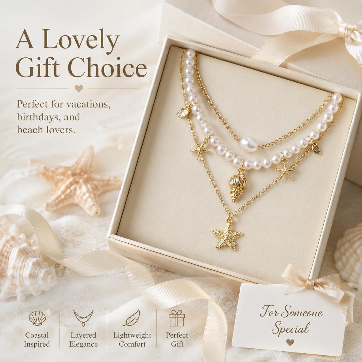 Shell Starfish Necklace for Women Gold Tone Layered Beach Jewelry Pearl Seashell Charm Adjustable Coastal Necklace for Summer Vacation Outfits Gifts