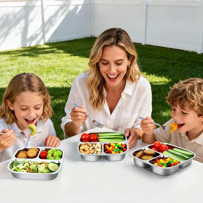 RAOOKIF 2 Pack Stainless Steel Snack Containers With Lids, 3 Compartment Leak-proof Food Storage Containers, 20 oz Reusable Grab and Go Snack Box for School, Home, Office, and Camping, Dishwasher-Safe