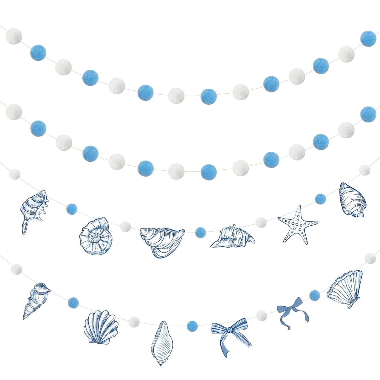 Frienda 3 Pcs Seashell Blue and White Felt Ball Garland Pom Pom Banner Carnival Themed Felt Ball Decoration for Backdrop Birthday Luau Mexican Tropical Party Christmas Decoration