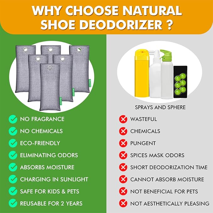 Activated Charcoal Odor Absorber, Natural Shoe Deodorizer Inserts, Smell Remover, Bamboo Charcoal Air Purifying Bags, Shoe Odor Elimination for Sneaker, Boots, 6 Pack